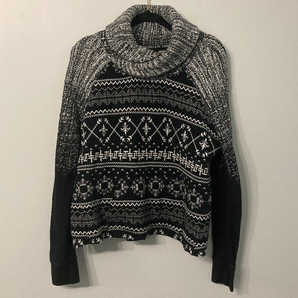 TONIA DEBELLIS Sweater Size XL Black White CHUNKY Cowl Neck Front Pocket Cozy